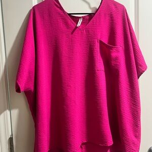 Zenana Outfitters Hot Pink V-Neck Tunic with Chest Pocket